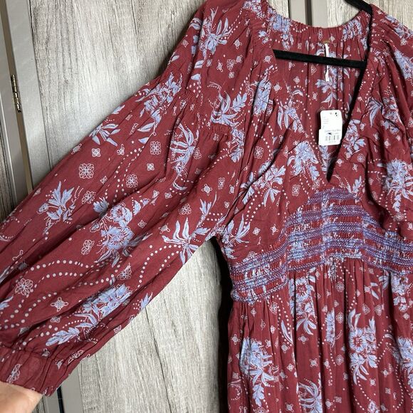 Free People Dress Womens Large Golden Hour Maxi Wine Combo V Neckline Floral L - Picture 4 of 8